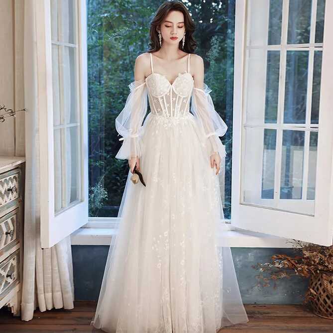 Boho Lace Fairy Wedding Dress 2022 With Sleeves, Spaghetti Straps ...