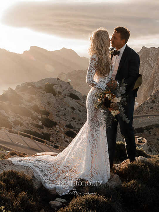 Boho Lace Mermaid Wedding Dresses with Long Sleeves W0018 ...