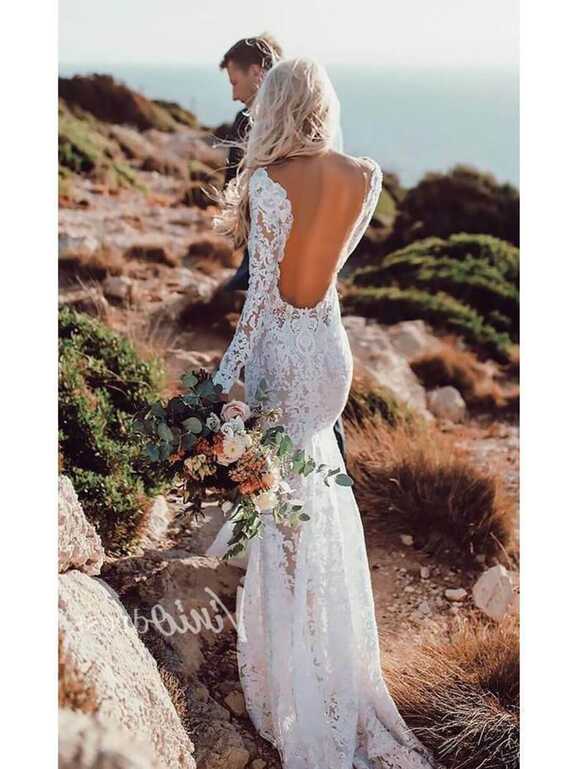 Boho Lace Mermaid Wedding Dresses with Sleeves Viniodress VW1112