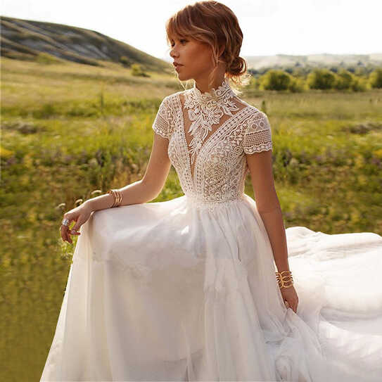 Boho Lace Tulle High Neck Wedding Dress A-Line Vintage Bohemian ...