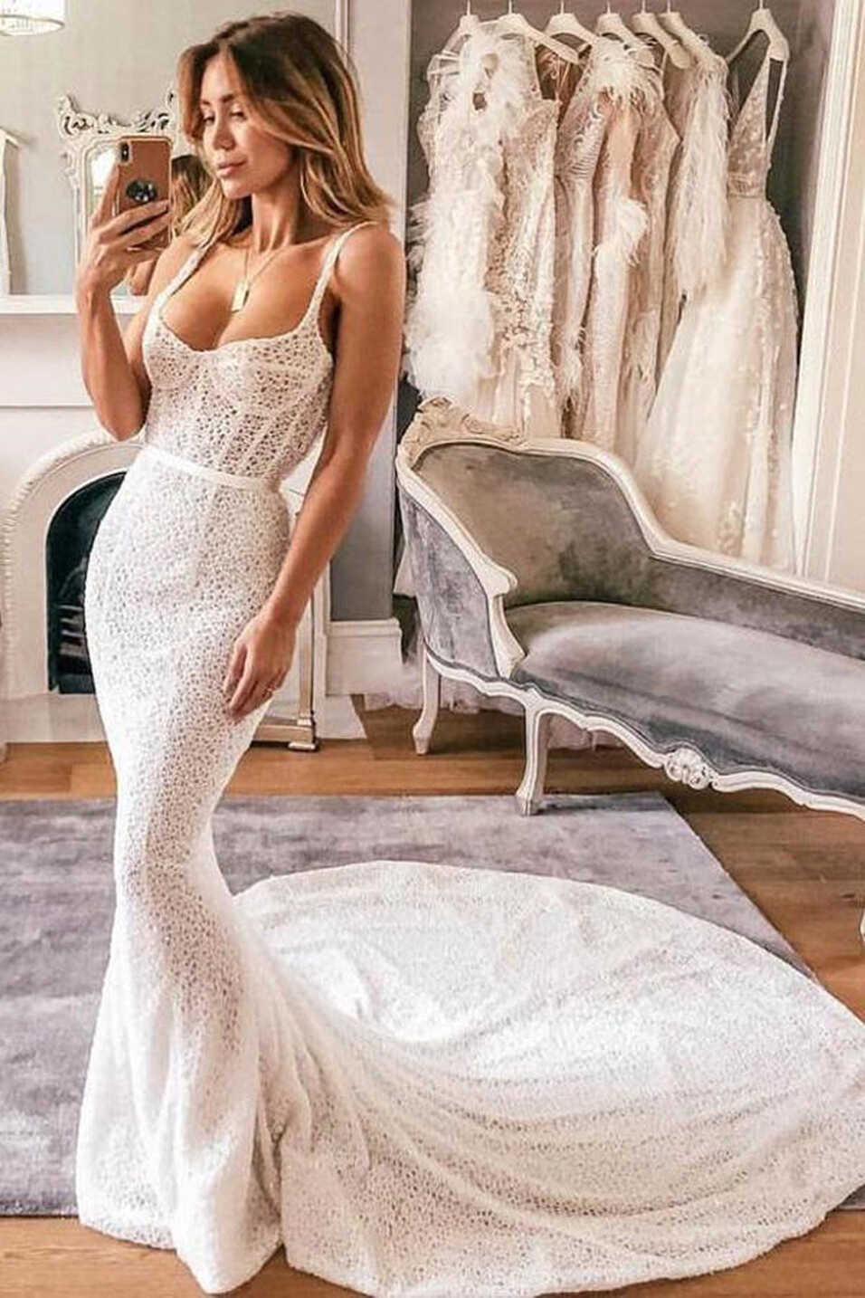 Boho Mermaid Scoop Neck Open Back Ivory Lace Wedding Dresses with ...