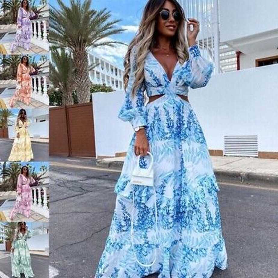 Boho Printed High Waist Long Sleeve Chiffon Dress Women Beach ...