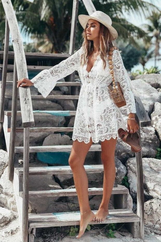 Boho Short Dress White Lace | US Bohemian Boutique