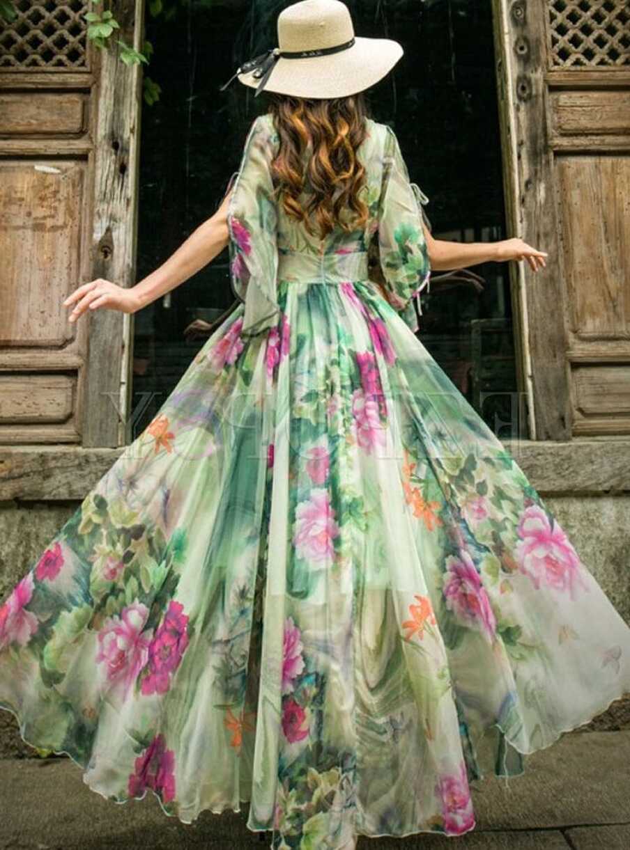 Boho Short Sleeve Floral Print Chiffon Maxi Dress