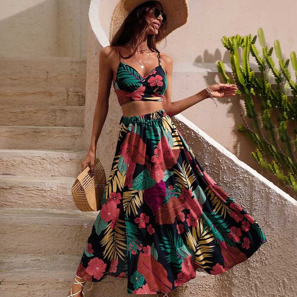 Boho Style Floral Two Piece Crop Top and Skirt Set – Boho Beach Hut