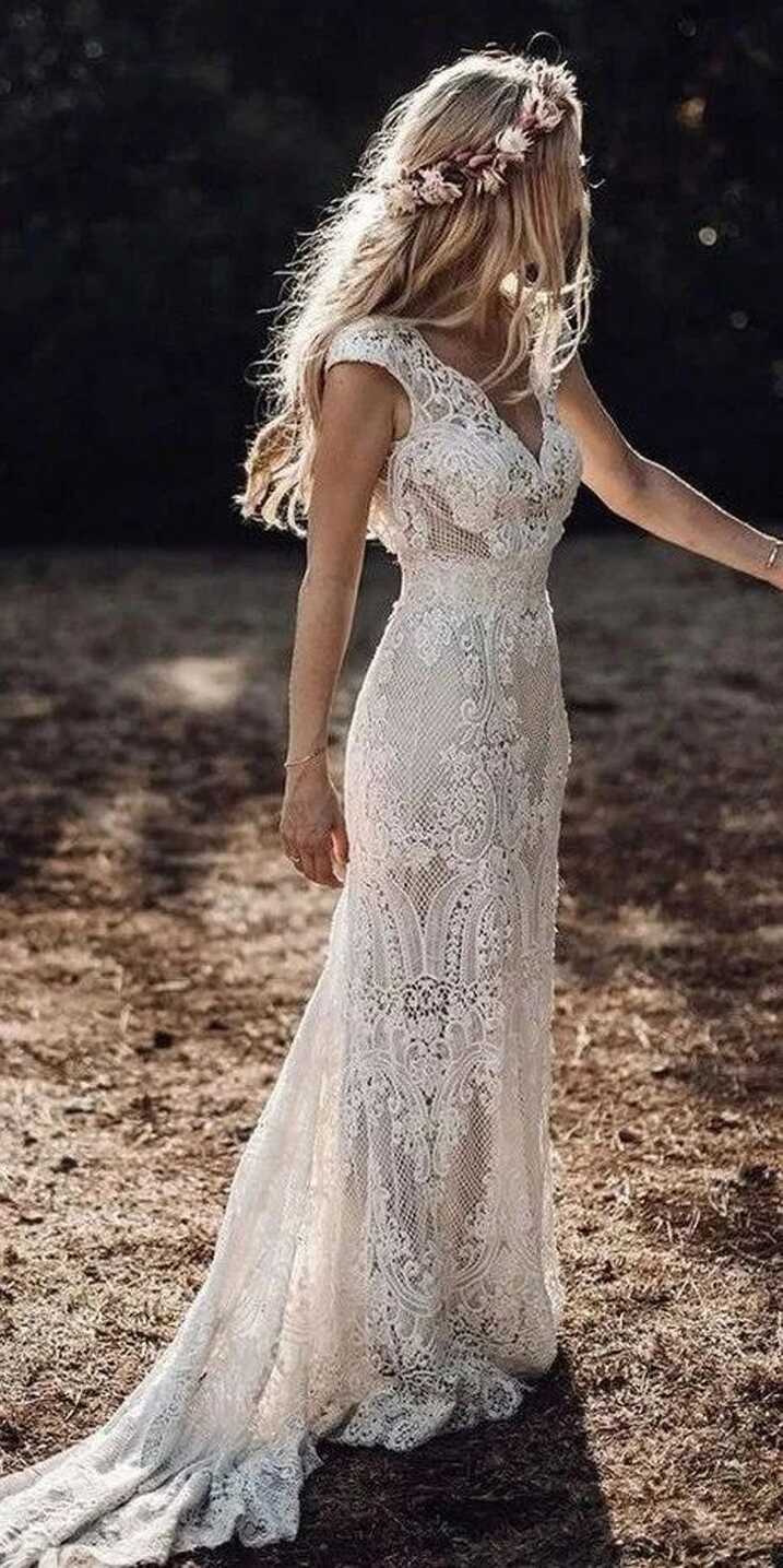 Boho lace wedding dress in sheath silhouette made to order, white ...