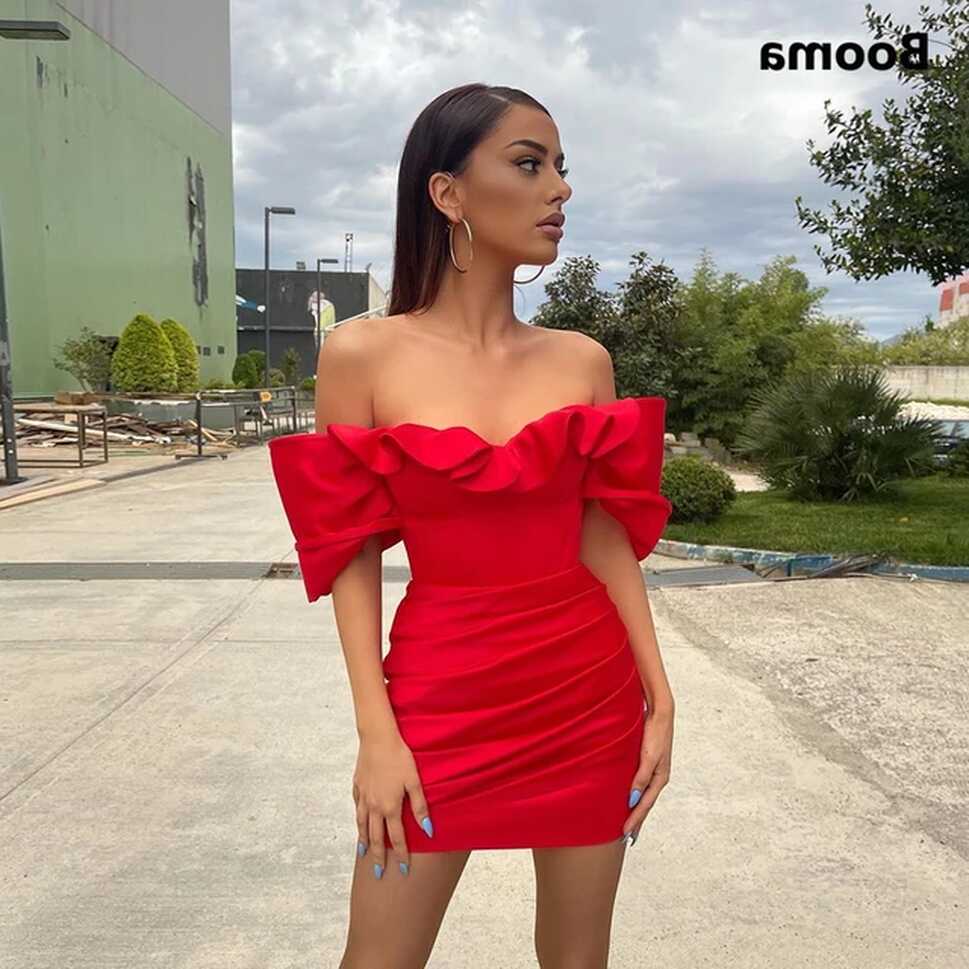 Booma Red Off Shoulder Mini Cocktail Dresses Ruffles Satin Column ...