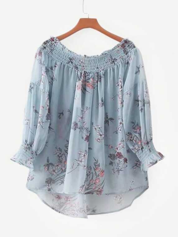 Botanical Print High Low Chiffon Blouse