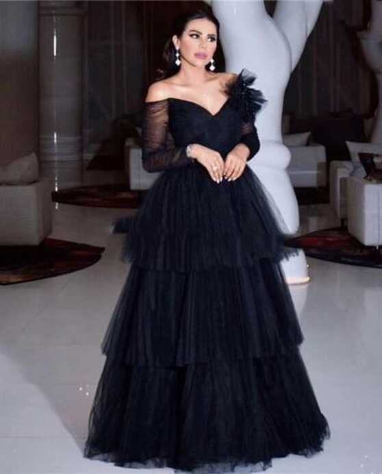 Bridalaffair 2023 Black Tiered Off Shoulder Evening Dresses Latest ...