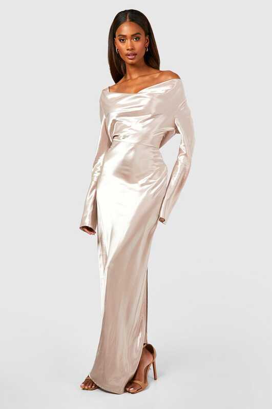 Bridesmaid Cowl Neck Long Sleeve Maxi Dress