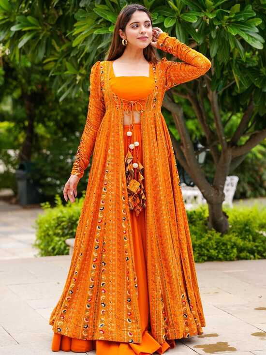 Bright-Orange Three Piece Digital Printed Koti Style Indo-Western ...