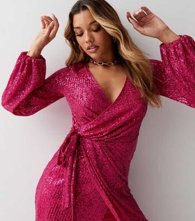 Bright Pink Sequin V Neck Long Sleeve Midi Wrap Dress | New Look