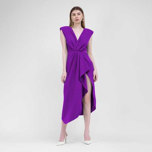 Bright Purple Midi Dress With Draping And Pleats | BLUZAT | Wolf ...