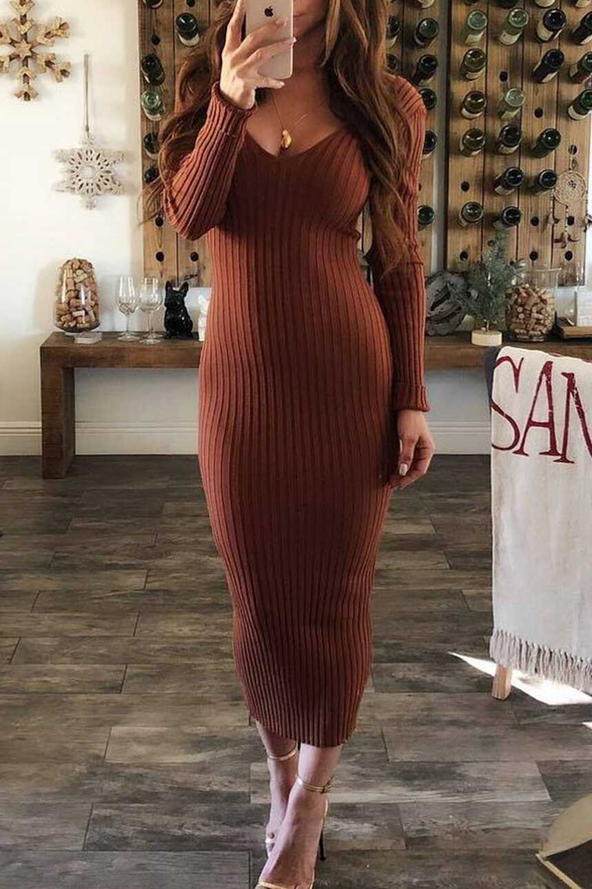 Brown Casual Long Sleeves Slim Blending Mid Calf Dress | Brown ...