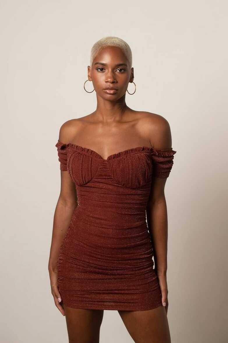 Brown Mini Dress - Off Shoulder Sleeve Ruched Dress - Metallic ...