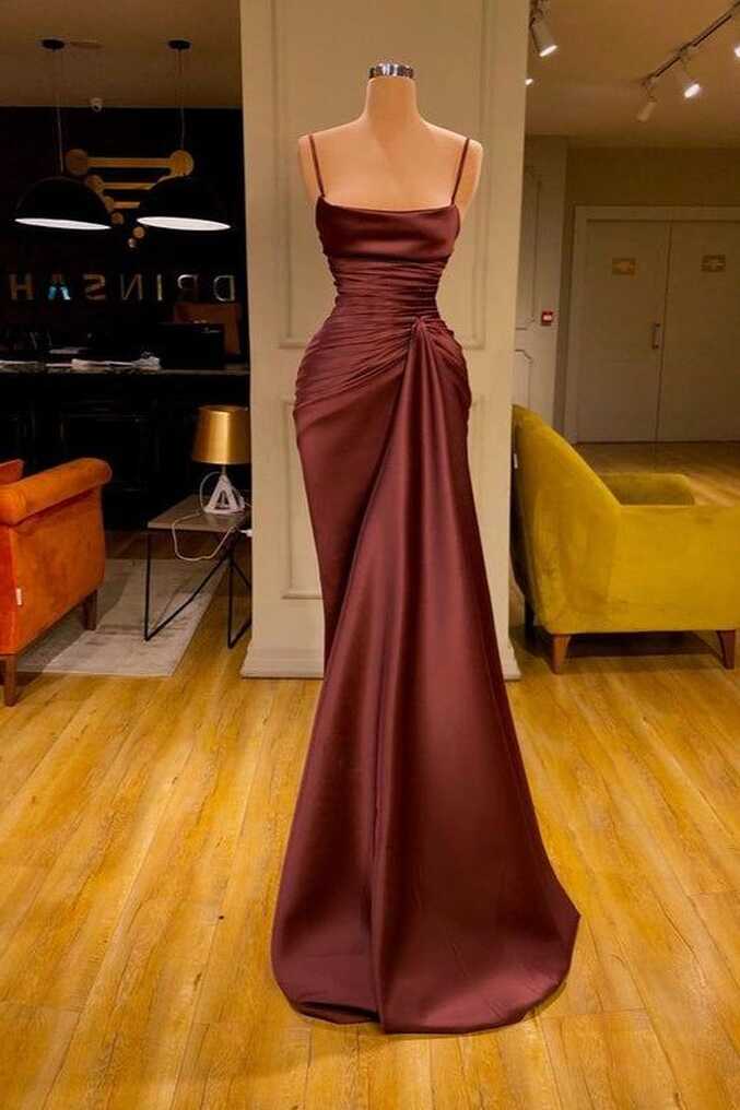 Brown Prom Dress 2023 Satin Spaghetti straps – AnnaCustomDress