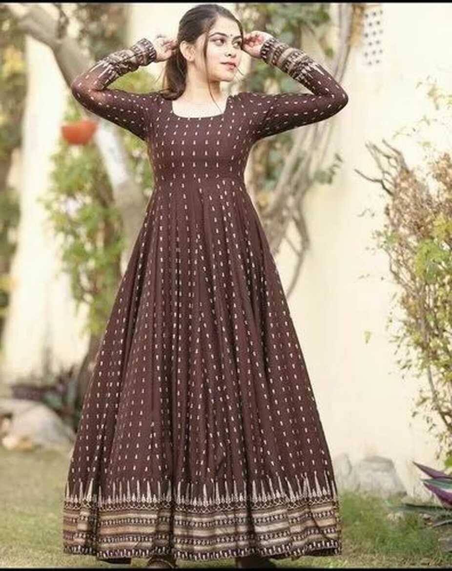 Brown Rayon Designer Long Gown Kurti, Wash Care: Handwash at Rs ...