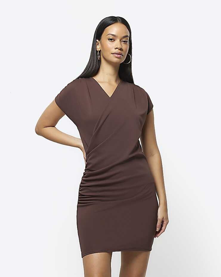 Brown drape wrap bodycon mini dress | River Island