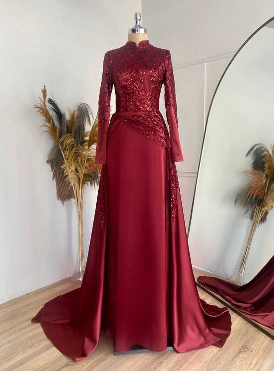 Burgundy - Fully Lined - Crew neck - Modest Evening Dress