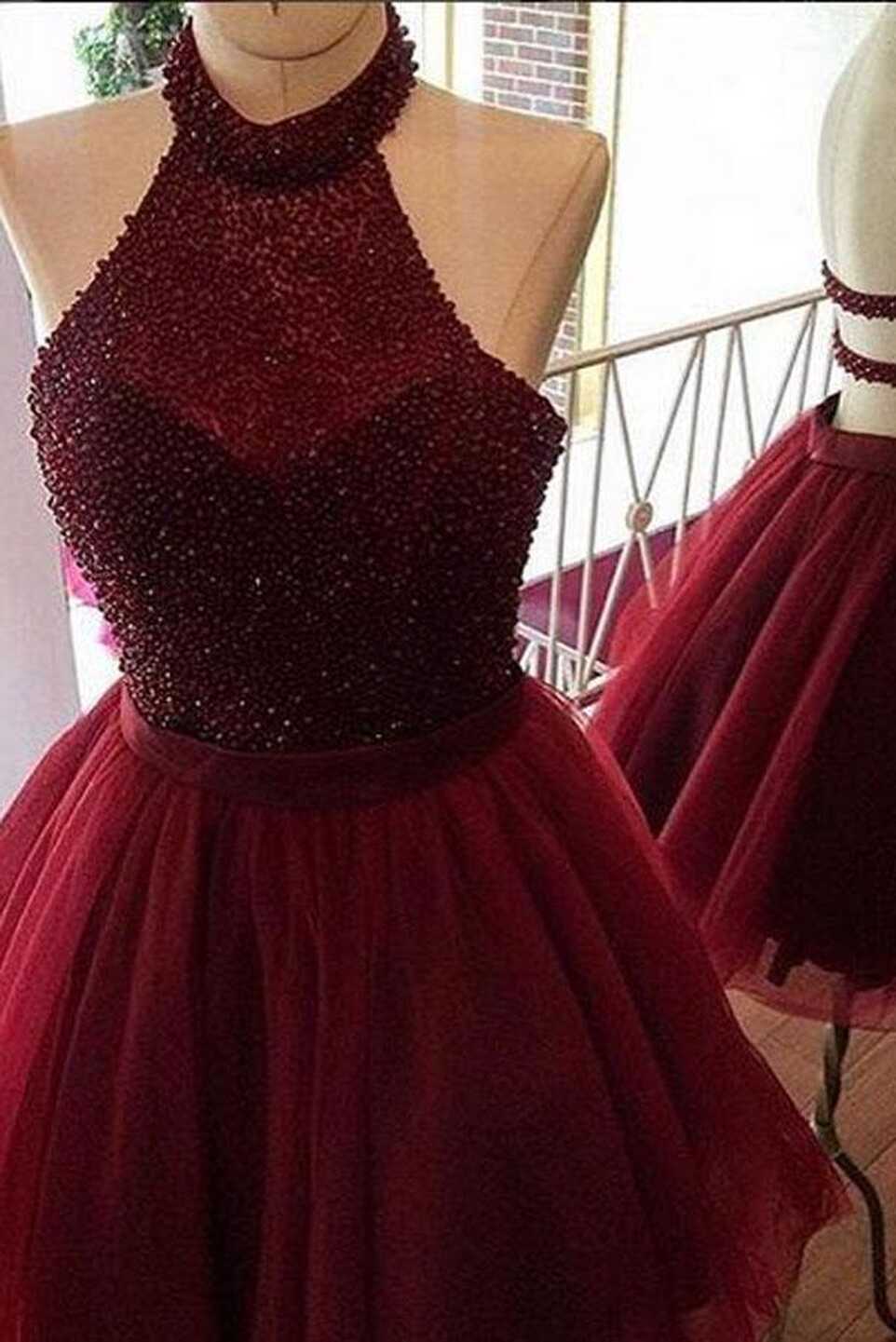 Burgundy A Line Halter Beaded Homecoming Dress, Short Prom dress ...