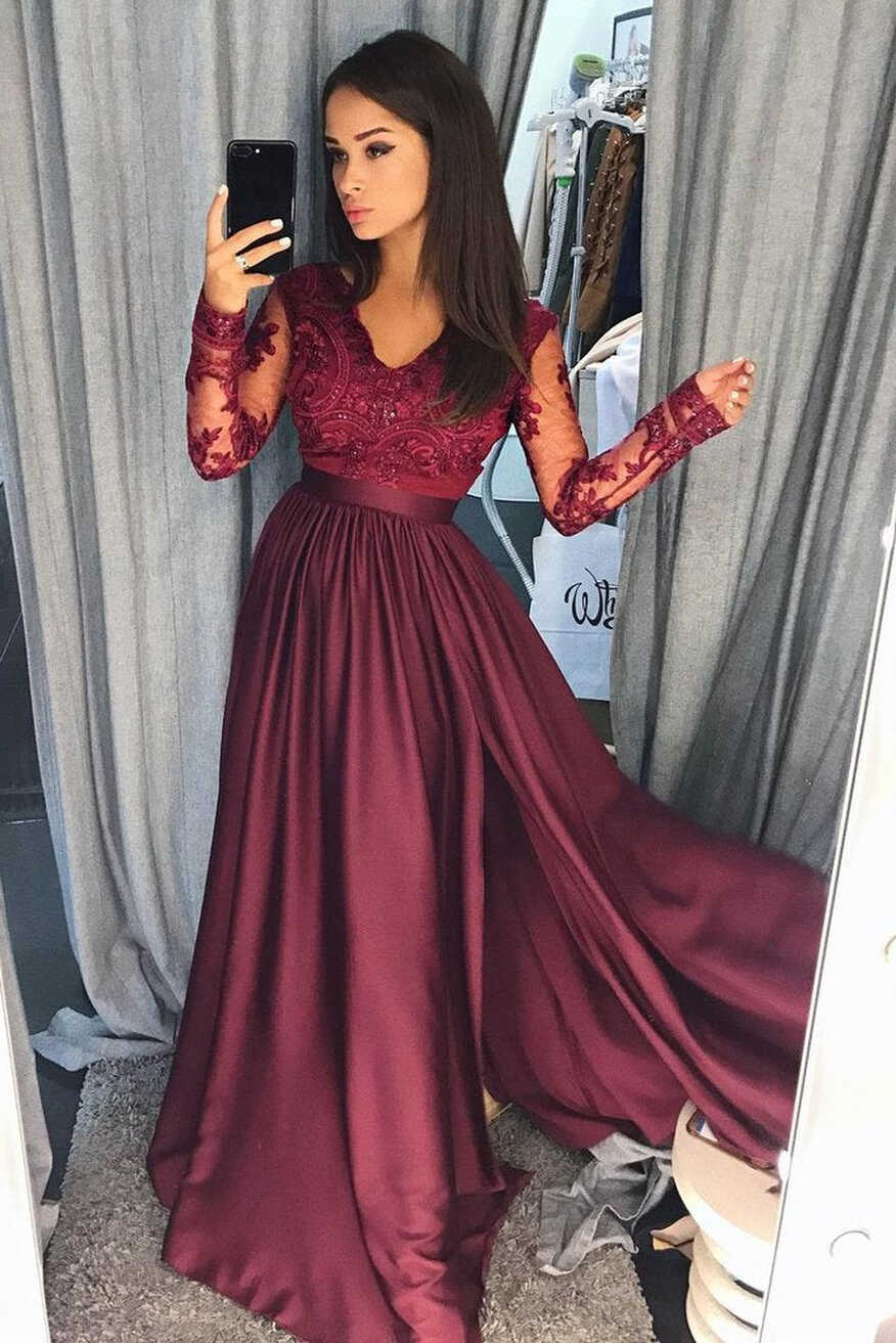 Burgundy A-Line V-Neck Lace Top Long Prom Dresses with Long ...