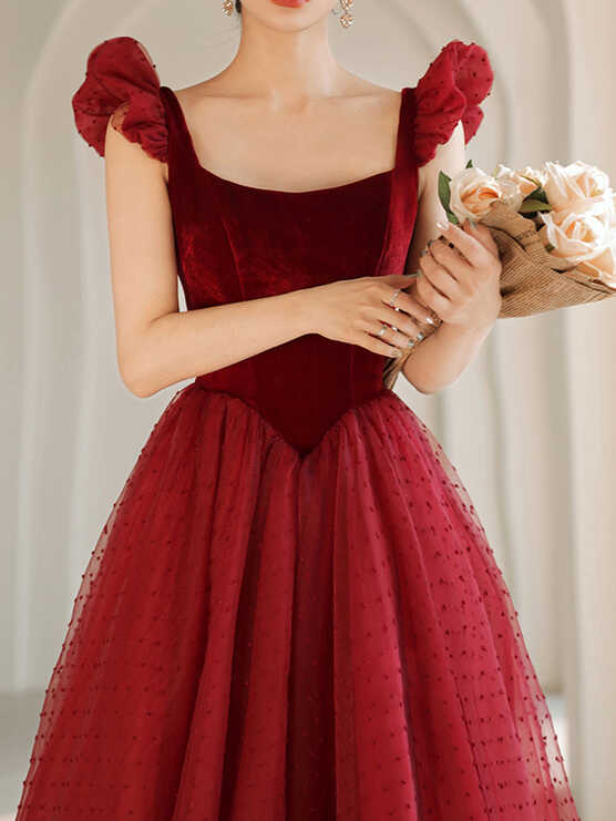 Burgundy Aline Tea Length Prom Dresses, Burgundy Formal Dress With ...