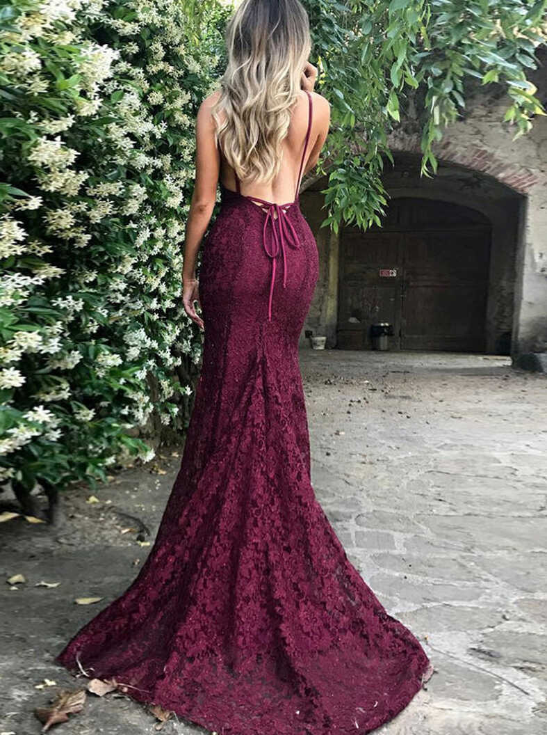 Burgundy Backless Lace Evening Dress,Prom Dress with Train,V Neck ...