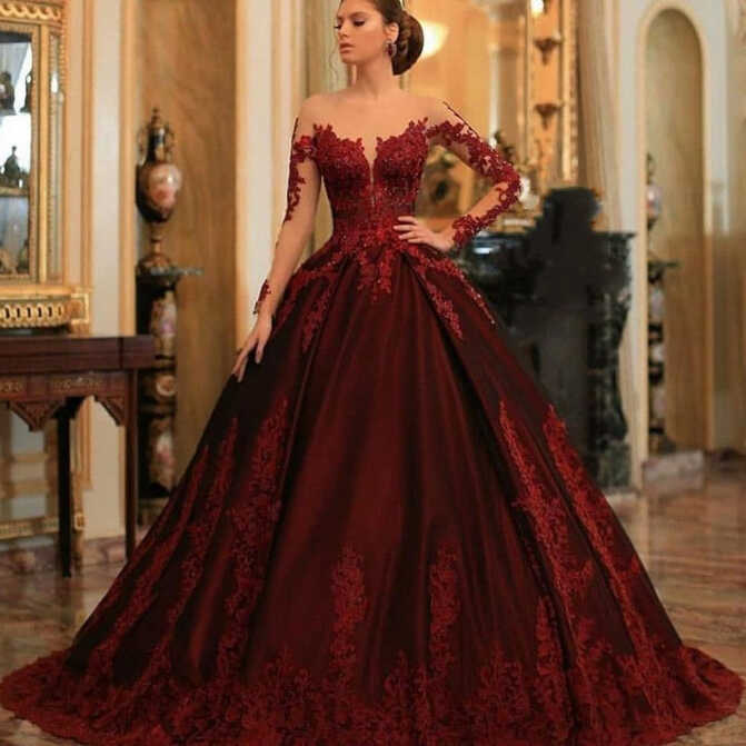 Burgundy Ball Gown Arabic Dubai Prom Dresses With Lace Appliques ...