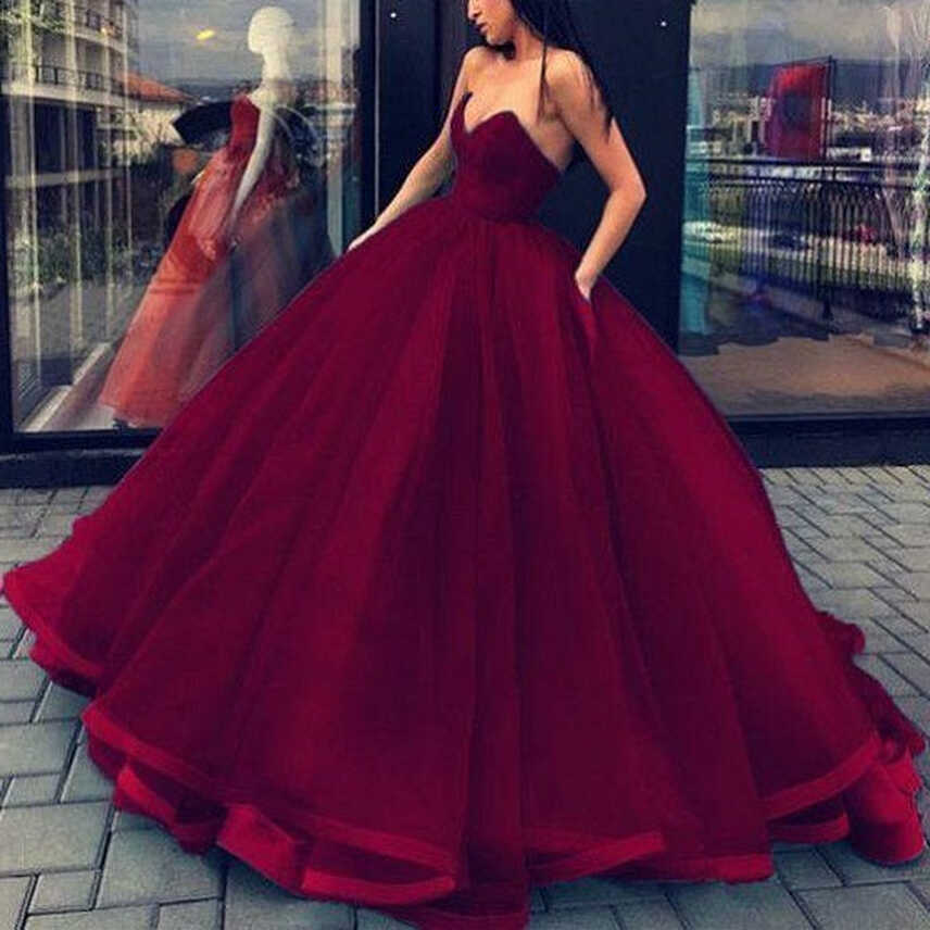 Burgundy Ball Gown Tulle Strapless Prom Dress with Satin Binding Hem