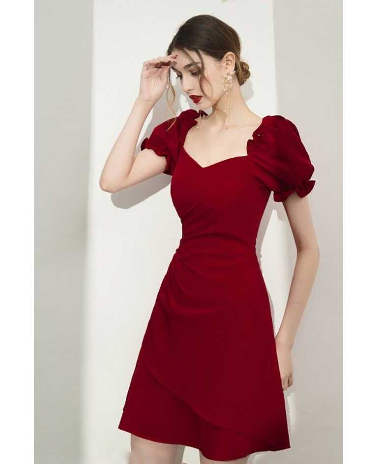 Burgundy Bubble Sleeved Aline Short Party Dress For Semi Formal ...