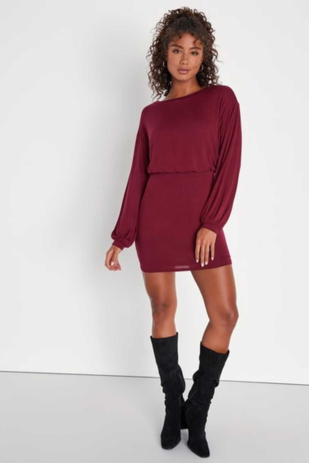 Burgundy Casual Dress - Balloon Sleeve Mini Dress - Bodycon Dress ...