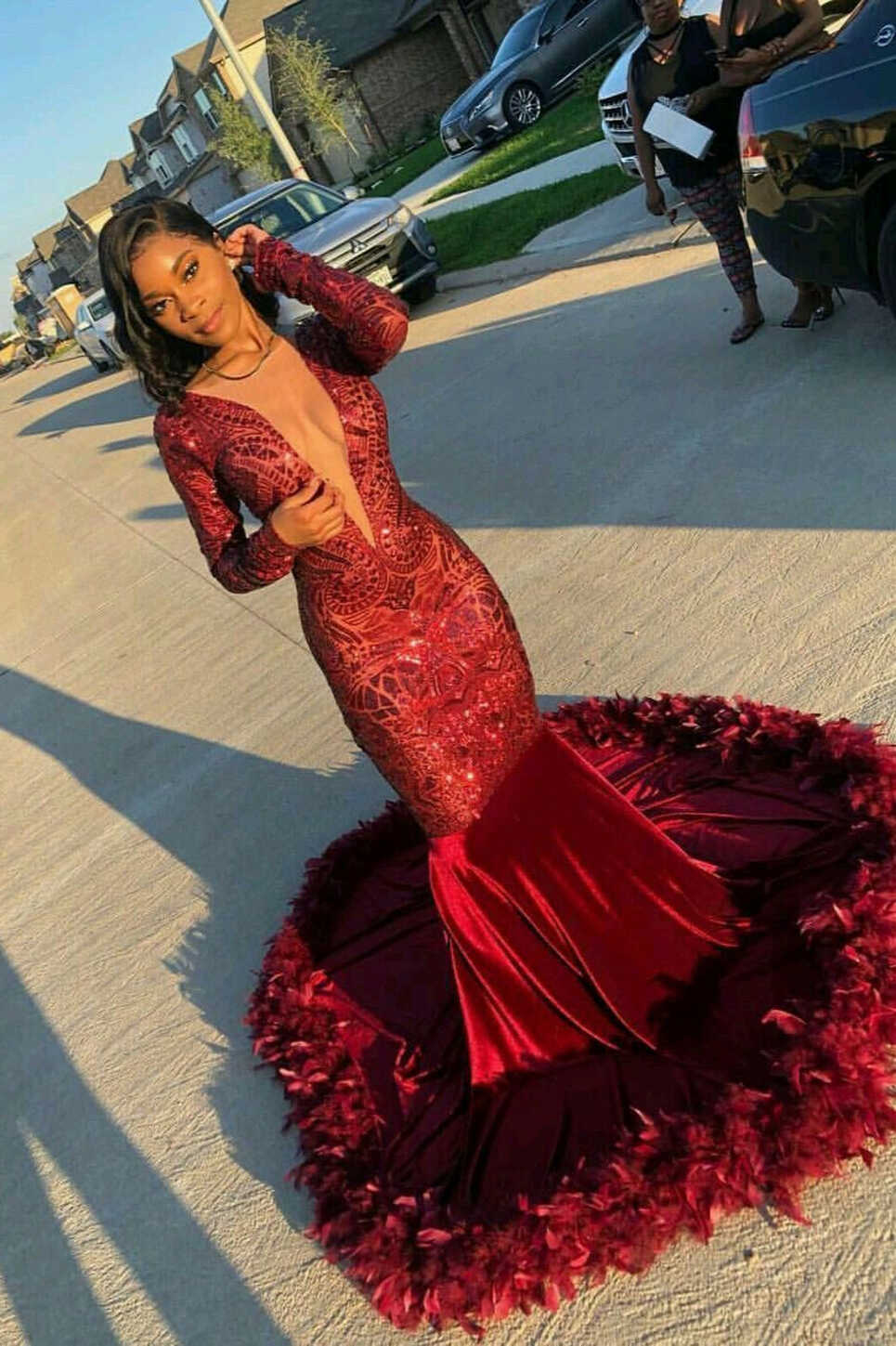 Burgundy Deep V-Neck Long Sleeve Mermaid Prom Dress With Sequins ...