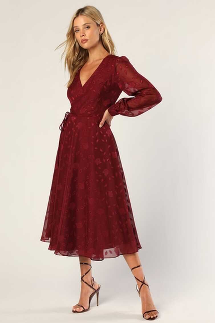 Burgundy Dress - Wrap Midi Dress - Long Sleeve Wrap Dress - Lulus