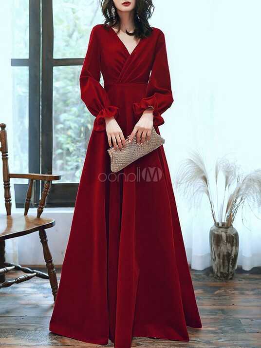 Burgundy Evening Dress Velvet A Line V Neck Long Sleeve Floor ...