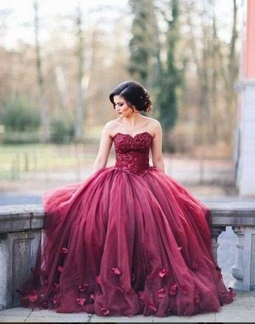 Burgundy Fairytale Delicate Lace Top Ball Gown Wedding Dress