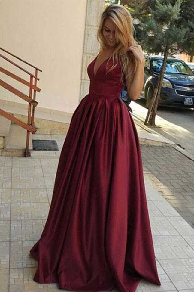 Burgundy Floor Length Simple V Neck Long Prom Dress, Evening ...