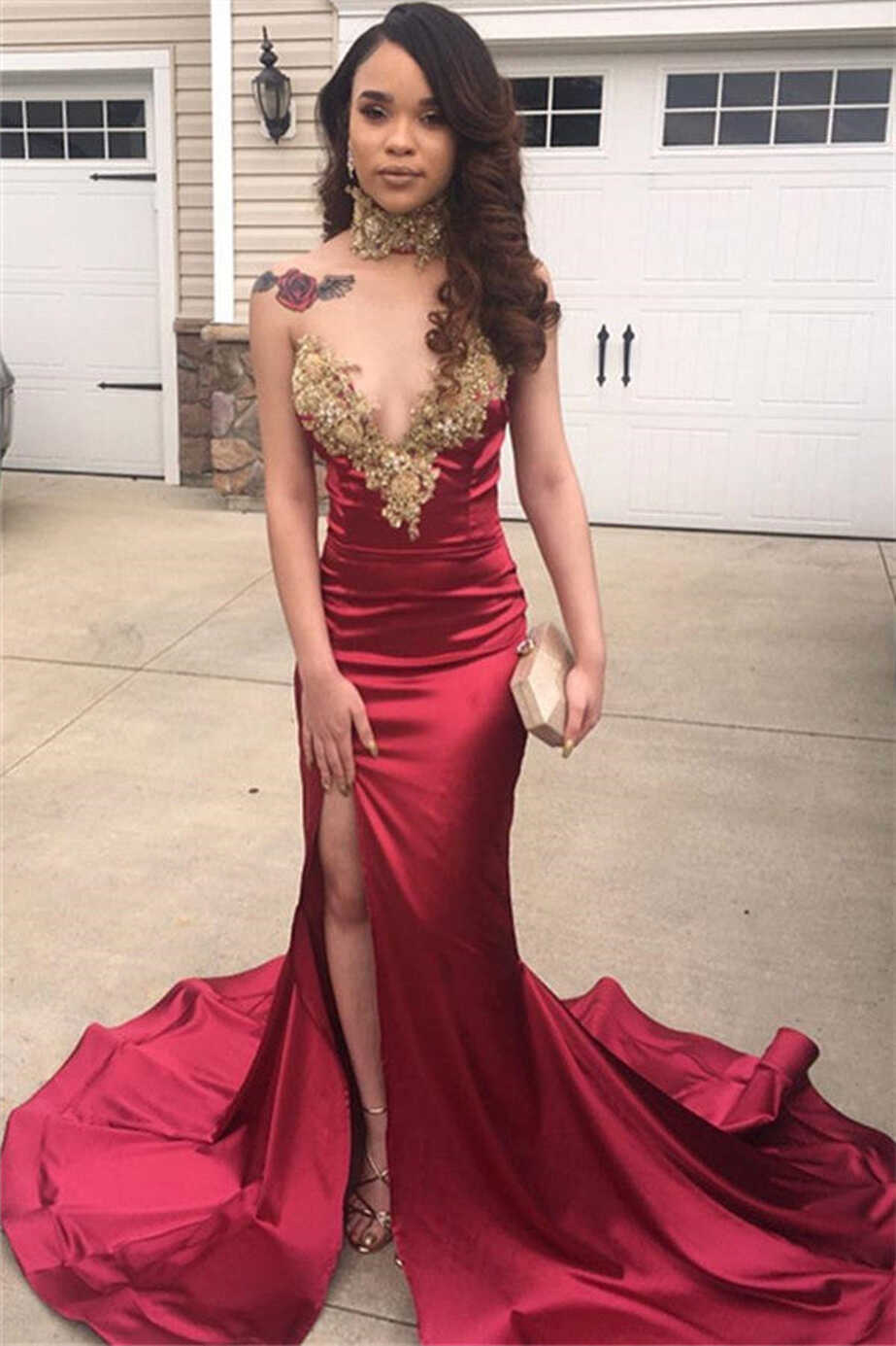 Burgundy Gold Applique Sweetheart Elastic Satin Prom Dress with ...