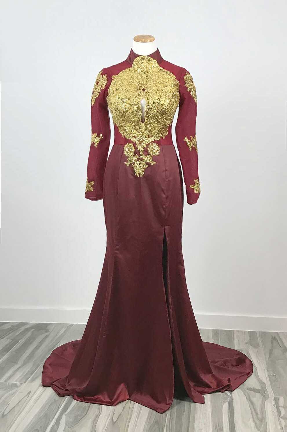 Burgundy Gold Lace Formal Prom Dress with Long Sleeves XH1023 ...