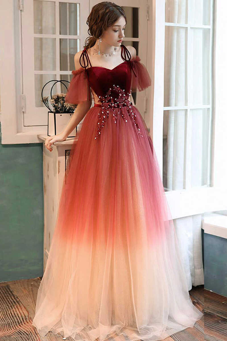 Burgundy Gradient Tulle Long Prom Dress, Lovely Spaghetti Strap Evenin