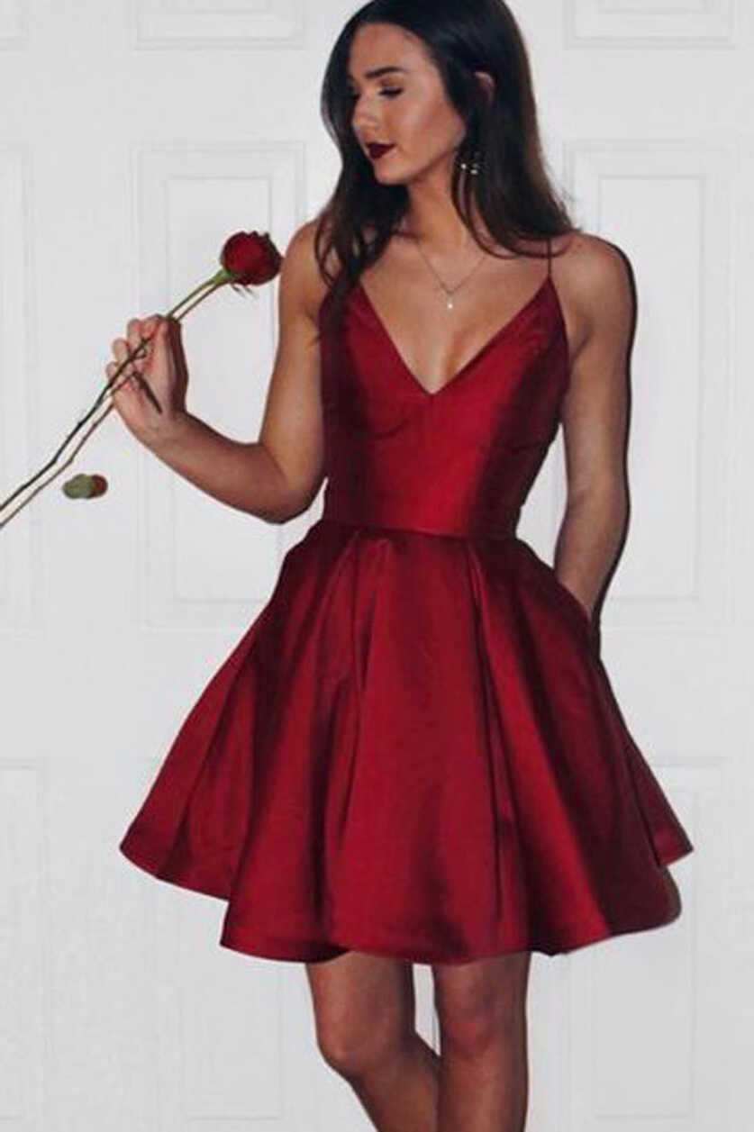 Burgundy Homecoming Dress,Short Simple Spaghetti Straps Prom ...