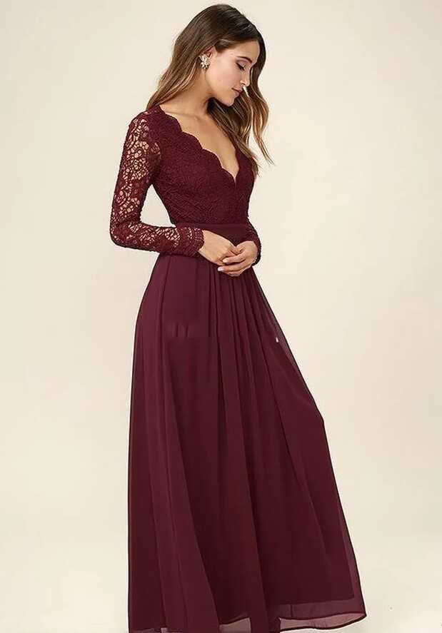 Burgundy Lace Maroon Bridesmaid Dresses Long 2021 V Neck, Long ...