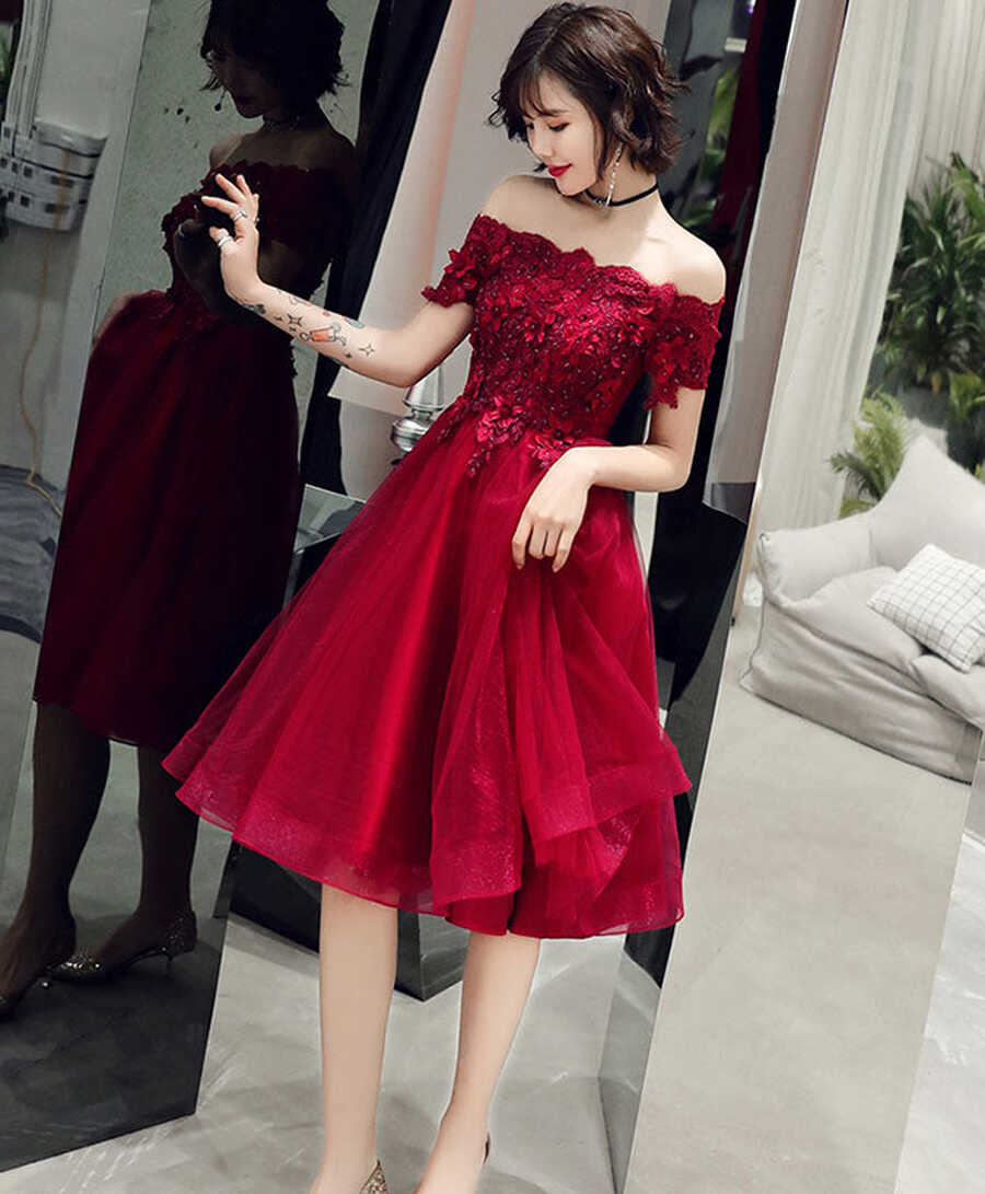 Burgundy Lace Off Shoulder Short Prom Dress, Burgundy Homecoming ...