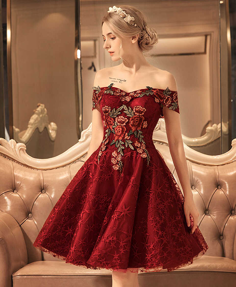 Burgundy Lace Off Shoulder Short Prom Dress, Lace Burgundy ...