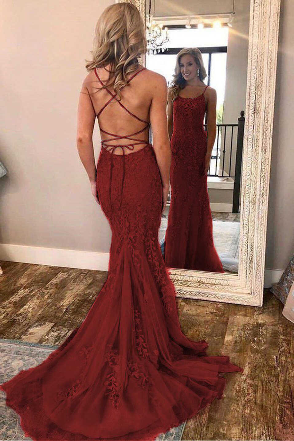 Burgundy Lace Open Back Mermaid Formal Prom Dresses Evening Party ...