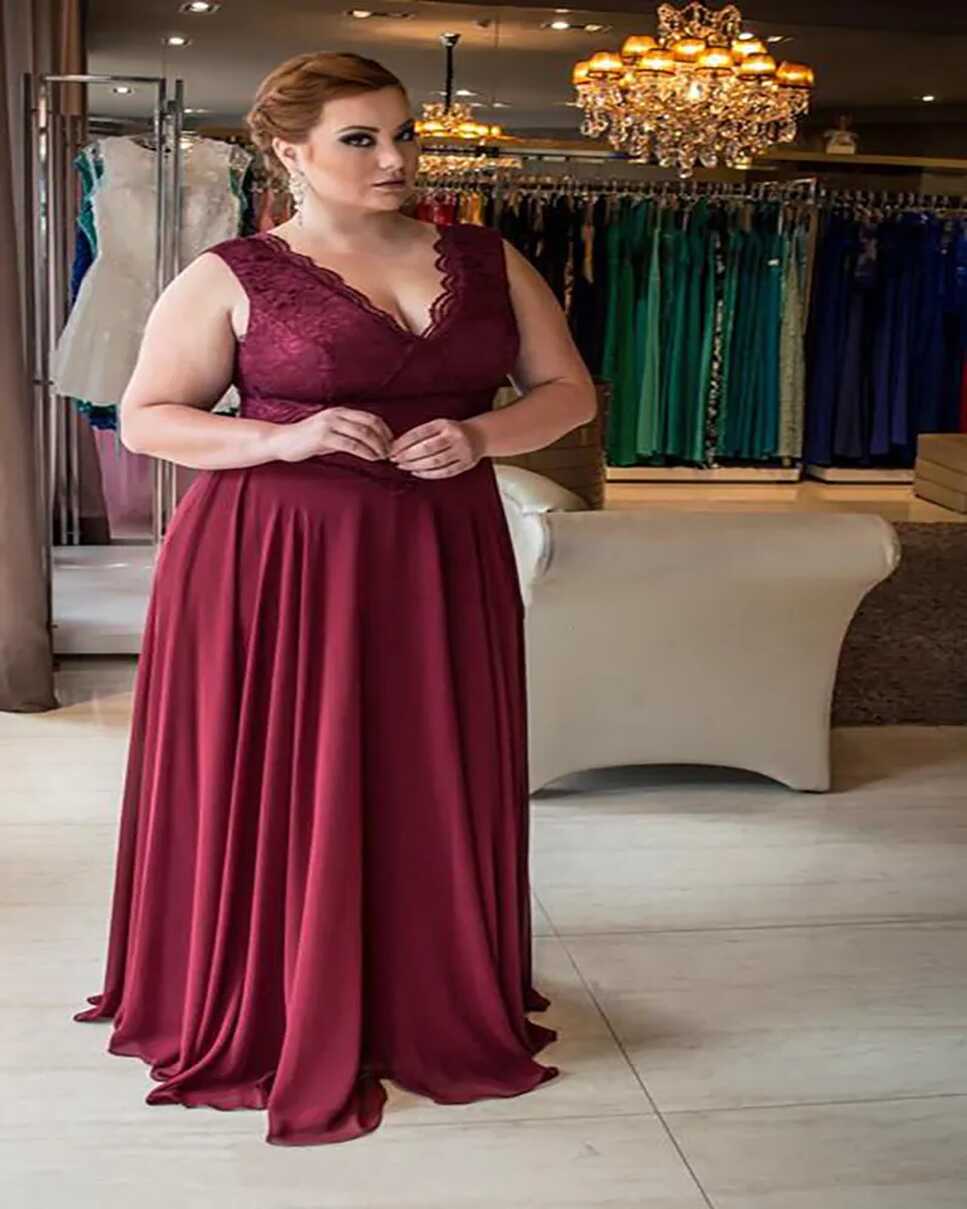 Burgundy Lace Plus Size Plus Evening Dress With V Neck And A Line ...