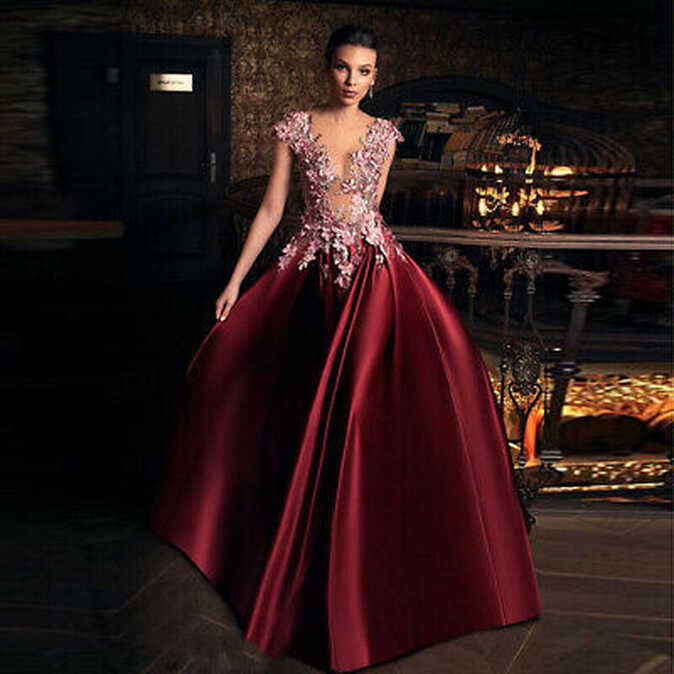 Burgundy Lace Satin Sheer Sexy Evening Party Prom Dress Pageant ...