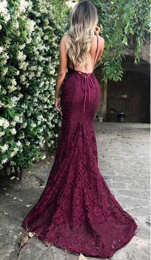 Burgundy Lace V Neck Spaghetti Strap Long Prom Dresses, Cheap ...