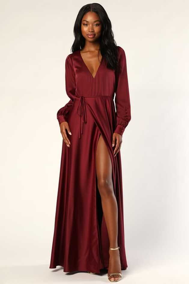 Burgundy Long Sleeve Dress - Satin Wrap Dress - Button Cuff Dress ...