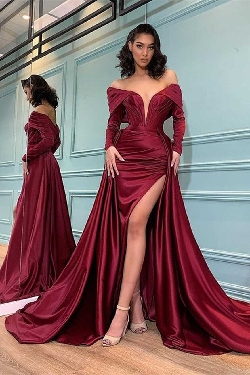 Burgundy Long Sleeve Mermaid Off-the-shoulder Prom Dress with Slit ...