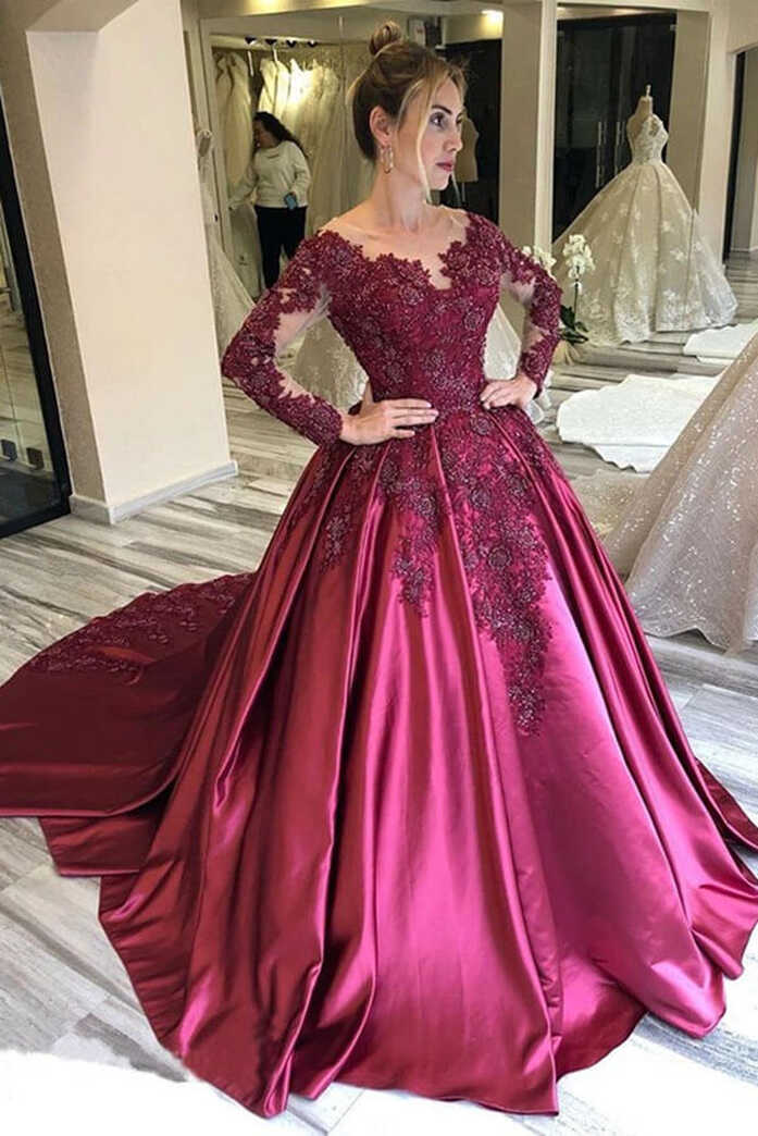 Burgundy Long Sleeves Floral Embroidery Prom Dresses With Court ...